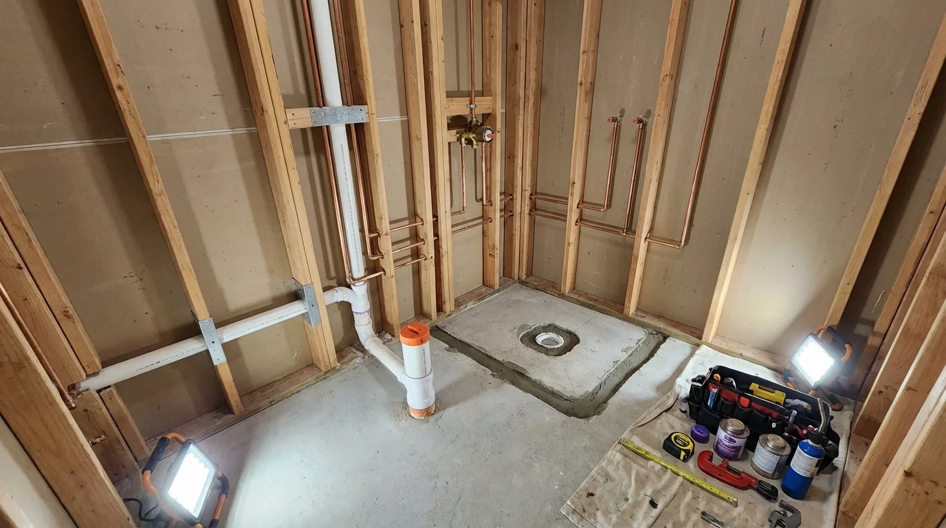 Bathroom rough-in plumbing during remodel by Johns Plumbing LLC in Nooksack