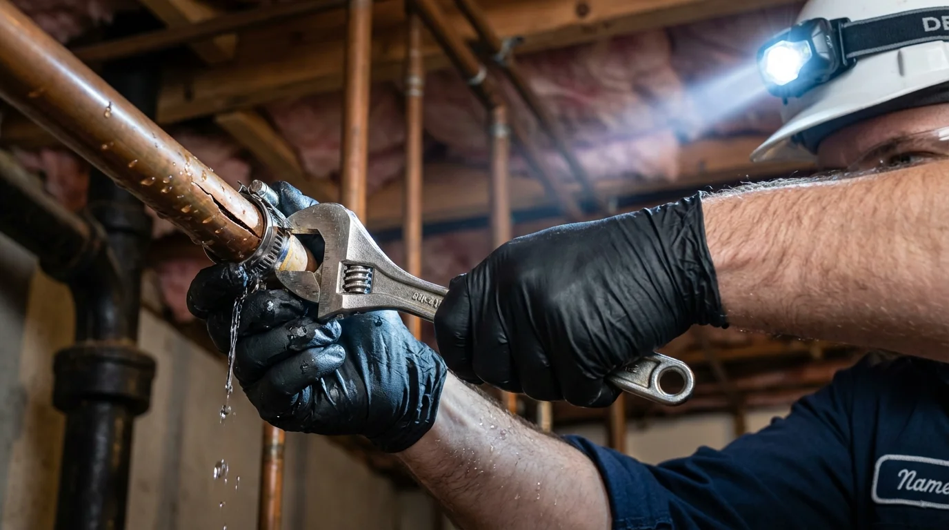 Emergency pipe clamp repair being performed by a Johns Plumbing LLC plumber in Nooksack