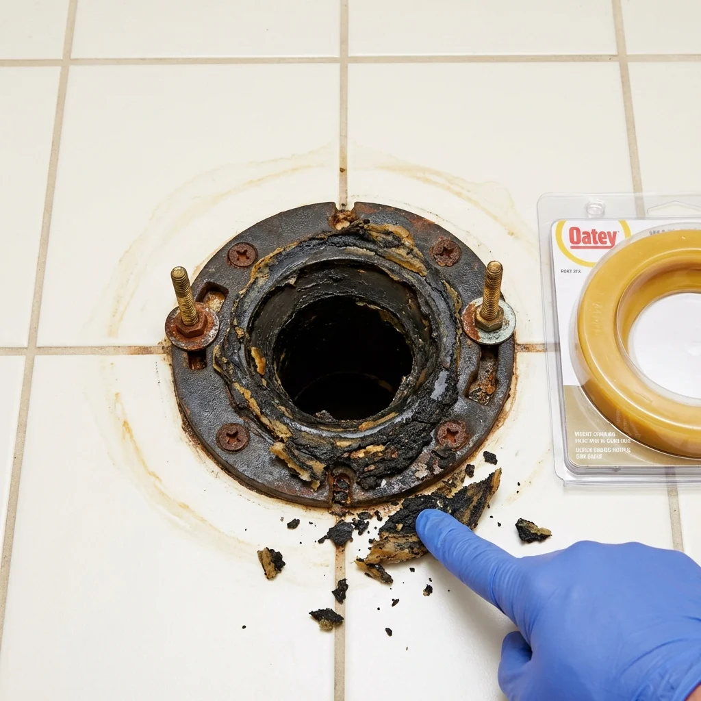 Failed wax ring showing water seepage at the base of a toilet in a Nooksack, WA home