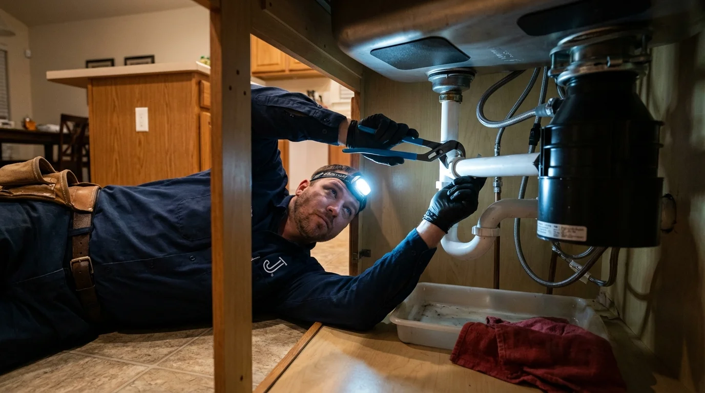 P-trap and supply line connections under a kitchen sink showing a common leak point in Nooksack, WA